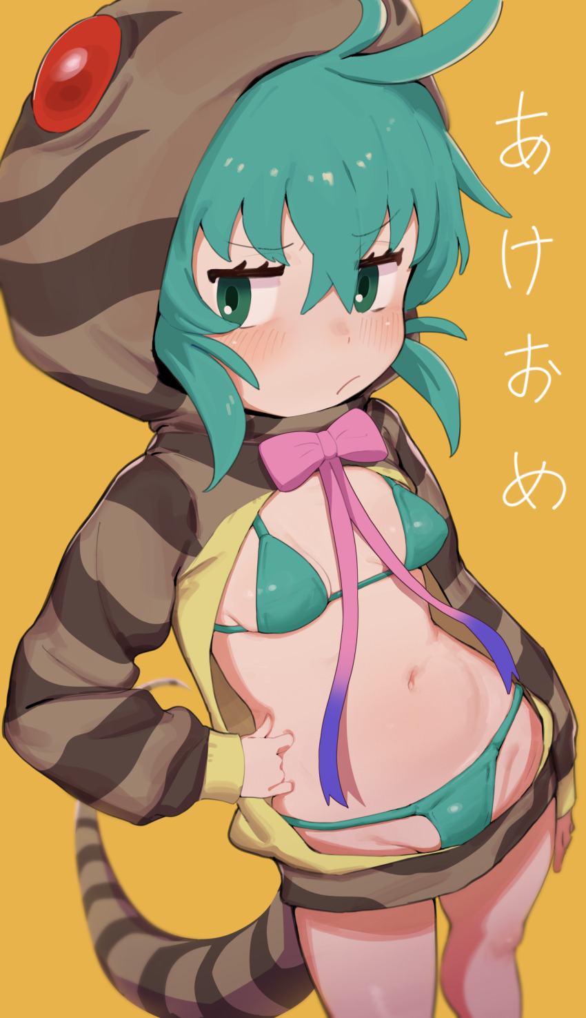 1girl :/ animal_hood animal_print arm_at_side bikini bikini_under_clothes blush bow bowtie breasts closed_mouth covered_erect_nipples doka_yuki_(tsumorisugi) gradient_neck_ribbon gradient_ribbon green_bikini green_eyes green_hair grion hair_between_eyes hand_on_own_hip highres hood hood_up hooded_jacket jacket kemono_friends legs_apart long_sleeves looking_at_viewer micro_bikini navel neck_ribbon petite pink_bow pink_bowtie pink_ribbon print_hood print_jacket ribbon simple_background small_breasts snake_hood snake_print snake_tail solo standing stomach striped_clothes striped_tail swimsuit tail three_quarter_view tsuchinoko_(kemono_friends)