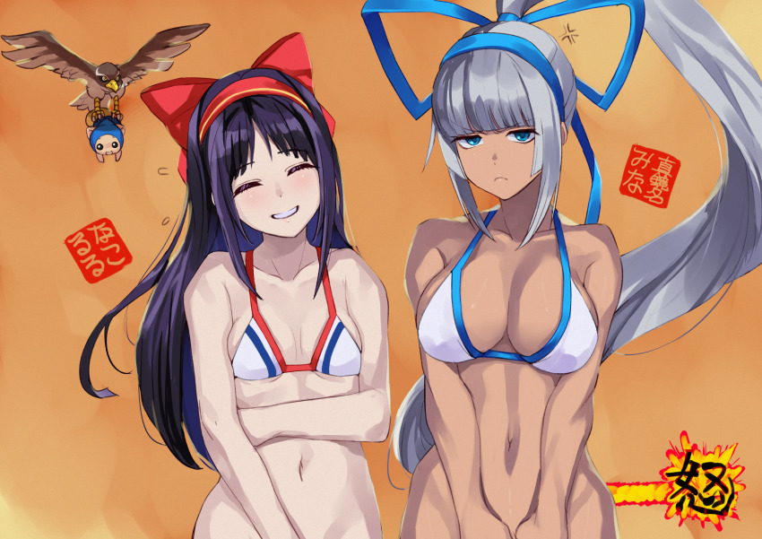 2girls anger_vein annoyed arm_under_breasts bikini bikini_top_only blue_eyes bottomless breasts champuru cleavage closed_eyes coveredcore covering_crotch covering_privates gameplay_mechanics grey_hair grin hair_ribbon highres large_breasts legs long_hair looking_at_viewer majikina_mina mamahaha medium_breasts multiple_girls nakoruru navel ponytail pout purple_hair ribbon samurai_spirits smile snk swimsuit teasing thighs very_long_hair white_bikini