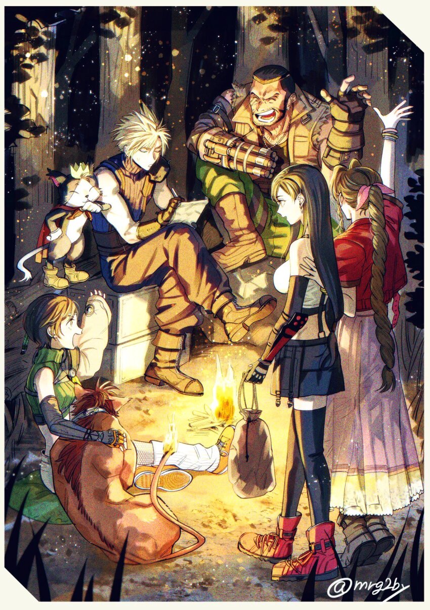 2boys 2others 3girls aerith_gainsborough arm_up armor asymmetrical_sleeves bag barret_wallace beard black_fur black_hair blonde_hair boots border box bracelet braid braided_ponytail breasts brown_hair brown_vest cait_sith_(final_fantasy) campfire camping cat closed_eyes closed_mouth cloud_strife commentary_request crop_top cropped_jacket cropped_sweater crown dark-skinned_male dark_skin dog_tags drawstring_bag dress elbow_pads facial_hair final_fantasy final_fantasy_vii final_fantasy_vii_remake fingerless_gloves fire firewood flame-tipped_tail flamenco_dress forehead_protector forest gatling_gun gloves green_pants green_sweater hand_on_another&#039;s_back hand_on_own_chin highres holding holding_bag jacket jewelry large_breasts log long_dress long_hair low-tied_long_hair mini_crown mrg2by multiple_boys multiple_girls multiple_others nature on_box open_mouth orange_fur outdoors pants pink_dress prosthetic_weapon red_footwear red_jacket red_xiii shinra_infantry_uniform shirt short_hair shoulder_armor single_elbow_pad single_shoulder_pad sitting skirt sleeveless sleeveless_turtleneck sleeves_past_wrists spiked_hair standing suspender_skirt suspenders sweater tail tank_top taut_clothes taut_shirt teardrop_earrings thighhighs tifa_lockhart tiptoes torn_clothes torn_sleeves tree tri_drills turtleneck twitter_username two-tone_fur very_long_hair very_short_hair vest white_border white_tank_top wristband writing yuffie_kisaragi