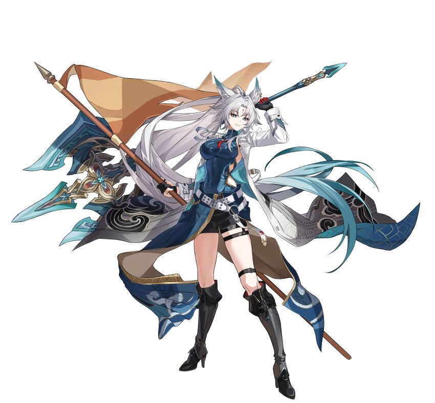 1girl absurdres animal_ear_fluff animal_ears asymmetrical_dual_wielding axe belt black_footwear black_gloves black_shorts blue_shirt boots breasts clothes_around_waist coat commentary_request dual_wielding feixiao_(honkai:_star_rail) forehead_jewel fox_ears fox_girl full_body gloves gradient_hair green_eyes green_hair highres holding holding_axe holding_polearm holding_weapon honkai:_star_rail honkai_(series) knee_boots korean_commentary large_breasts long_hair looking_at_viewer multicolored_hair parted_bangs polearm shirt shorts sidelocks simple_background sirina smile solo thigh_strap very_long_hair weapon white_background white_belt white_coat white_hair