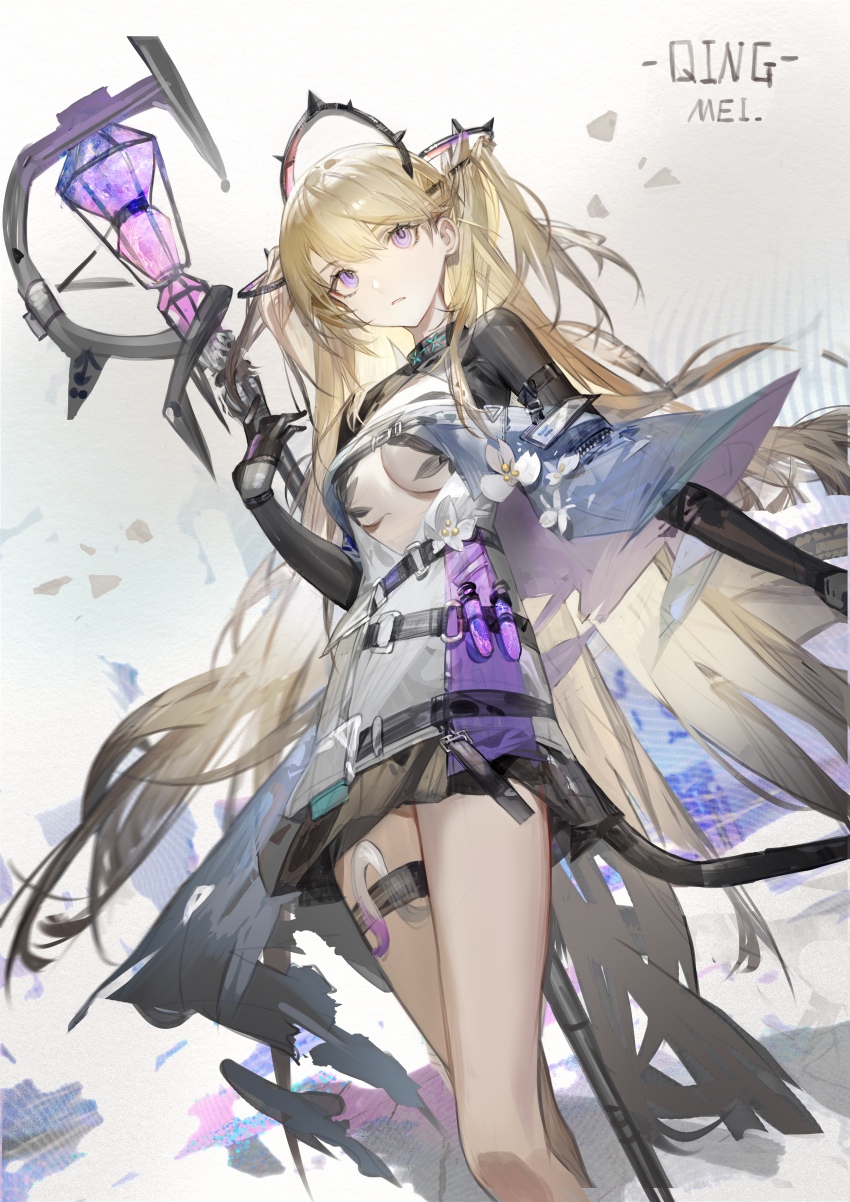 1girl absurdres arknights belt blonde_hair chinese_commentary clothing_cutout commentary_request from_below gloves highres holding holding_staff indigo_(arknights) indigo_(serene_day)_(arknights) infection_monitor_(arknights) long_hair looking_up plumw purple_eyes sideways_glance skin_tight skirt solo staff test_tube tight_clothes torn_clothes underboob_cutout very_long_hair