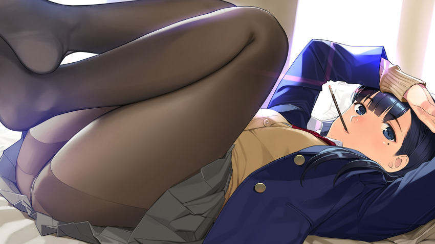 1girl anime_screenshot beige_cardigan blue_eyes blue_hair blue_jacket blush breasts brown_pantyhose cardigan crossed_ankles end_card feet food grey_skirt highres jacket legs_up lens_flare long_hair long_sleeves looking_at_viewer lying mibu_natsuki miru_tights mole mole_under_eye mouth_hold nakabeni_yua necktie no_shoes official_art on_back open_clothes open_jacket pantyhose pleated_skirt pocky red_necktie school_uniform shirt skirt smile solo thighband_pantyhose