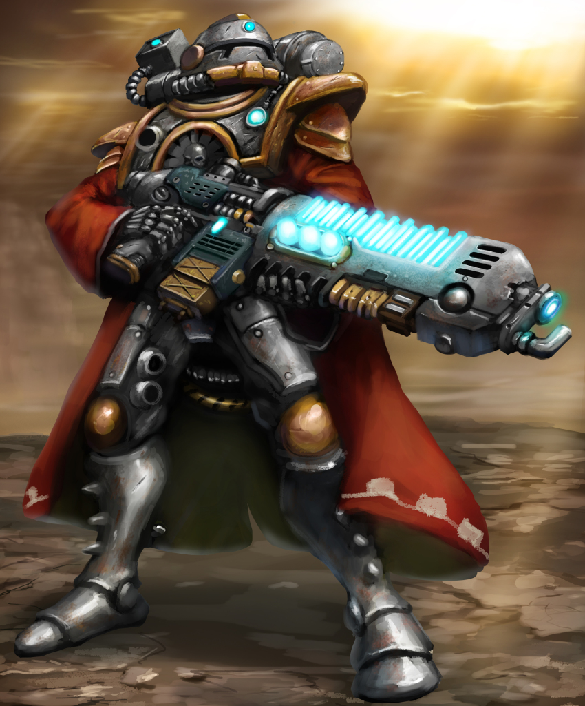 absurdres armor coat cyborg energy_gun engineer24 full_armor glowing highres military plasma_rifle red_coat science_fiction skitarii soldier warhammer_40k weapon