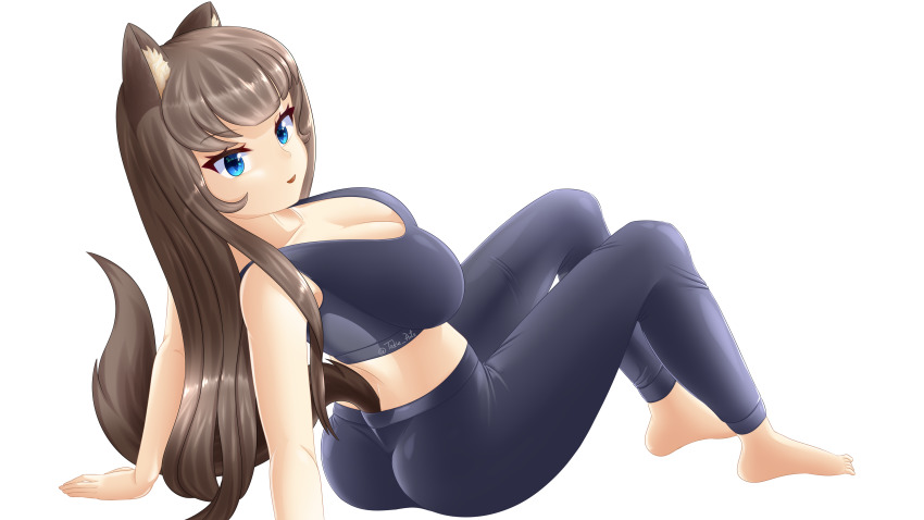 1girl absurdres animal_ears blue_eyes breasts brown_hair brown_tail cat_ears cat_girl cat_tail cleavage exercising highres leggings long_hair looking_at_viewer original sports_bra tail takie takie_arts white_background