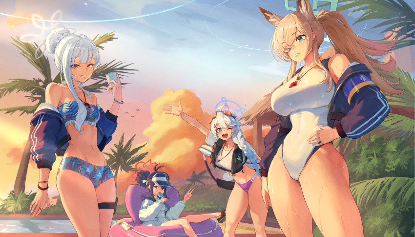 4girls absurdres animal_ears antenna_hair bare_shoulders bikini bikini_under_clothes blonde_hair blue_archive blue_bikini blue_eyes blush braid braided_bun breasts cloud competition_swimsuit dog_ears dog_girl double_bun dusk food fubuki_(blue_archive) fubuki_(swimsuit)_(blue_archive) hair_bun halo hand_on_own_hip highres holding innertube jacket kanna_(blue_archive) kanna_(swimsuit)_(blue_archive) kirino_(blue_archive) kirino_(swimsuit)_(blue_archive) konoka_(blue_archive) large_breasts long_sleeves looking_at_viewer multiple_girls official_alternate_costume one-piece_swimsuit open_clothes open_jacket open_vest outdoors palm_leaf palm_tree pink_halo ponytail pool popsicle purple_bikini purple_halo revision roro_(tpghksdlzpq) school_swimsuit see-through_clothes see-through_shirt shirt single_hair_bun sky small_breasts swim_ring swimsuit thick_thighs thighs tree vest water wet whistle whistle_around_neck white_jacket white_one-piece_swimsuit