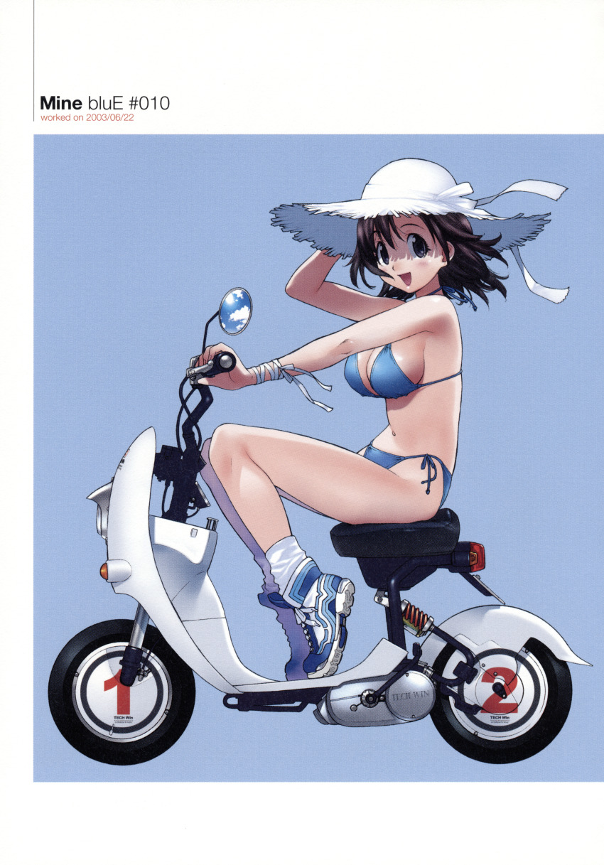 1girl :d absurdres arm_up artbook bikini black_eyes blue_background blue_bikini blue_footwear blush breasts brown_hair color_halftone copyright_name dated from_side full_body halterneck hand_on_headwear hat hat_ribbon highres large_breasts looking_at_viewer loose_socks mirror motor_vehicle multicolored_footwear navel on_scooter open_mouth ribbon riding scan scan_artifacts scooter shade shoes short_hair side-tie_bikini_bottom simple_background sitting smile sneakers socks solo straw_hat string_bikini sun_hat swimsuit tech_win tif-to-png_conversion tiptoes white_footwear white_hat white_ribbon white_socks wrist_ribbon yoshizaki_mine