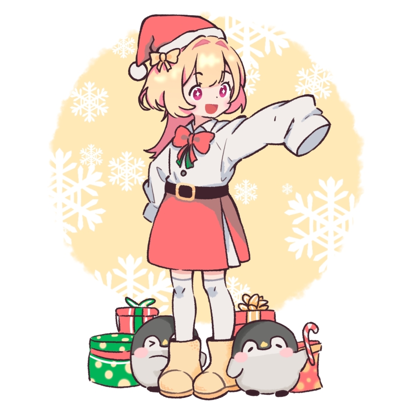 +_+ 1girl animal arm_up belt bird blonde_hair bow bowtie candy candy_cane christmas endroll food gift green_ribbon hat hatl highres open_mouth original penguin pink_eyes red_bow red_bowtie red_skirt ribbon santa_hat shirt skirt sleeves_past_fingers sleeves_past_wrists snowflakes socks two-tone_background very_long_sleeves white_background white_shirt white_socks yellow_background yellow_bow yellow_footwear