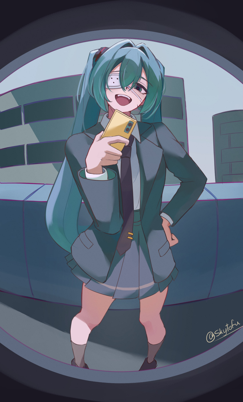 1girl absurdres aqua_eyes aqua_hair artist_name black_footwear black_jacket black_necktie black_skirt cellphone collared_shirt commentary double-parted_bangs english_commentary eyepatch fisheye freckles grey_socks hair_between_eyes hair_intakes hand_on_own_hip hand_up hatsune_miku head_tilt highres holding holding_phone jacket long_hair long_sleeves looking_at_viewer medical_eyepatch monitoring_(vocaloid) necktie open_clothes open_jacket open_mouth phone pleated_skirt pov_peephole shirt shirt_tucked_in sidelocks skirt skytofu smartphone socks solo standing teeth tie_clip twintails upper_teeth_only very_long_hair vocaloid white_shirt