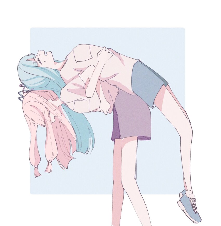 2girls alternate_costume assisted_stretching back-to-back bad_id bad_twitter_id bent_over blue_background blue_hair blue_shorts border closed_eyes feet_out_of_frame from_side gym_shirt gym_uniform highres inactive_account kotonoha_akane kotonoha_aoi lifting_person locked_arms long_hair low-tied_sidelocks mu_(fyt8ozu7rxqyoy4) multiple_girls outside_border pink_hair profile purple_shorts shirt shoes short_shorts short_sleeves shorts siblings simple_background sisters sneakers standing sweat voiceroid white_border