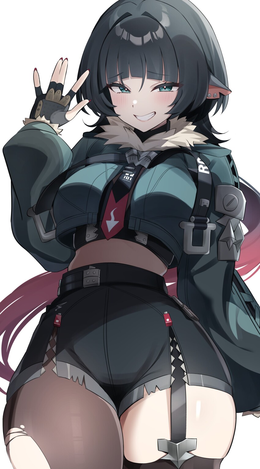 1girl absurdres animal_ears black_gloves black_hair black_shorts blunt_bangs blush brown_pantyhose clenched_teeth cowboy_shot fingerless_gloves fur-trimmed_jacket fur_trim furrowed_brow gloves green_eyes green_jacket high-waist_shorts highres jacket jane_doe_(zenless_zone_zero) lelex long_hair looking_at_viewer mouse_ears mouse_girl mouse_tail multicolored_hair pantyhose red_hair shorts sidelocks simple_background single_leg_pantyhose smile solo tail teeth two-tone_hair white_background zenless_zone_zero