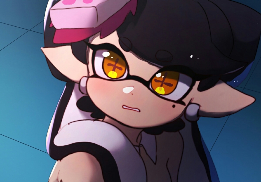 1girl bare_shoulders bishoujo_senshi_sailor_moon callie_(splatoon) close-up inkling jewelry long_hair looking_at_viewer meme mole mole_under_eye nintendo parody pointy_ears sailor_moon_redraw_challenge_(meme) shirt solo splatoon_(series) tentacle_hair upper_body wuju59