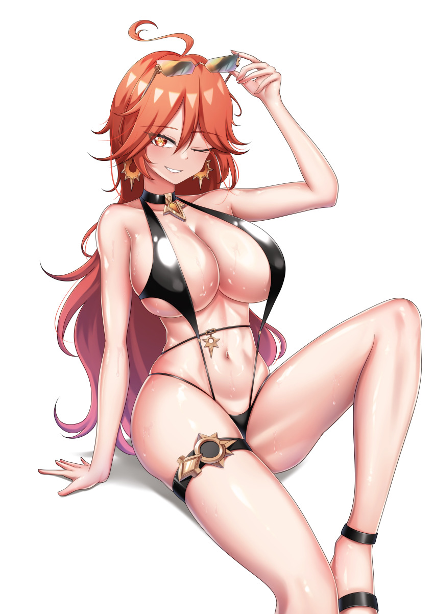 1girl ;) absurdres adjusting_eyewear ahoge alternate_costume arm_up bare_shoulders black_choker black_slingshot_swimsuit breasts choker cleavage collarbone commentary earrings eyewear_on_head foot_up genshin_impact hair_between_eyes highres jewelry large_breasts leo23 long_hair looking_at_viewer mavuika_(genshin_impact) navel one_eye_closed parted_lips red_eyes red_hair simple_background sitting slingshot_swimsuit smile solo stomach swimsuit teeth thigh_strap thighs tinted_eyewear very_long_hair wet white_background