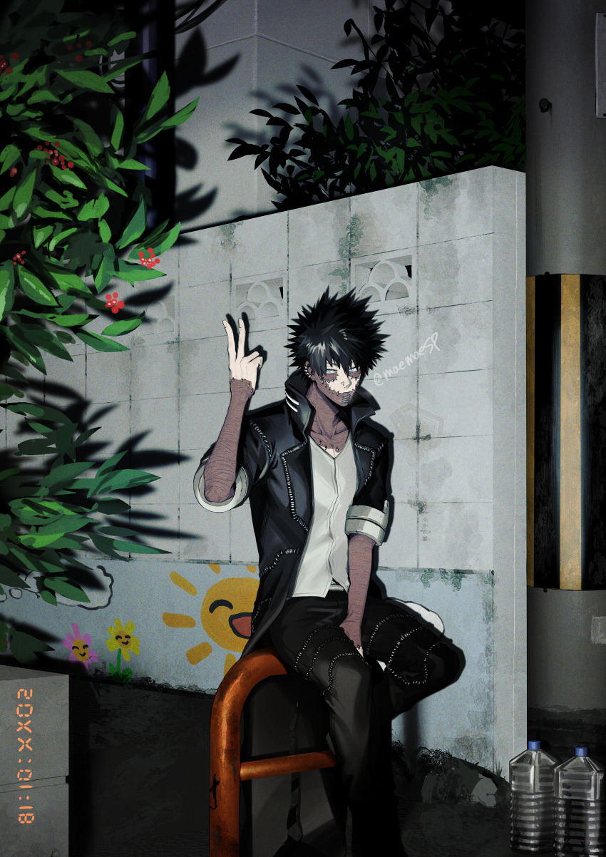 1boy absurdres between_legs black_hair black_jacket black_pants boku_no_hero_academia bottle closed_mouth commentary_request dabi_(boku_no_hero_academia) earrings grey_eyes hand_between_legs highres jacket jewelry maemaesp male_focus night nose_piercing nose_ring outdoors pants piercing plant shirt short_hair sitting solo spiked_hair stitched_face stitches sun tile_wall tiles urban v water_bottle white_shirt