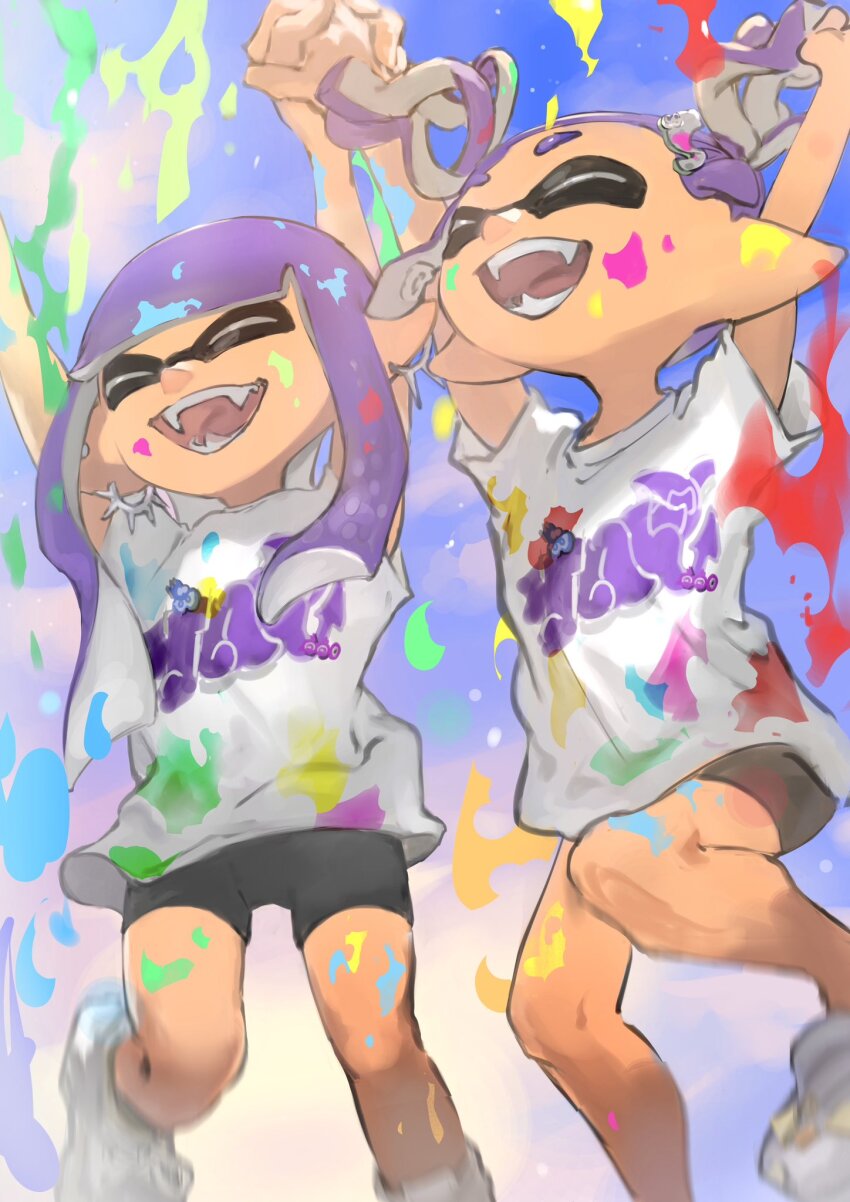 2girls arms_up bike_shorts black_shorts blunt_bangs closed_eyes earrings fangs ga4me4 happy highres holding_hands inkling inkling_girl inkling_player_character jewelry jumping long_hair multiple_girls nintendo open_mouth paint_splatter pointy_ears print_shirt purple_hair shirt short_sleeves short_twintails shorts sidelocks splatoon_(series) splatoon_3 suction_cups tentacle_hair twintails white_footwear white_shirt