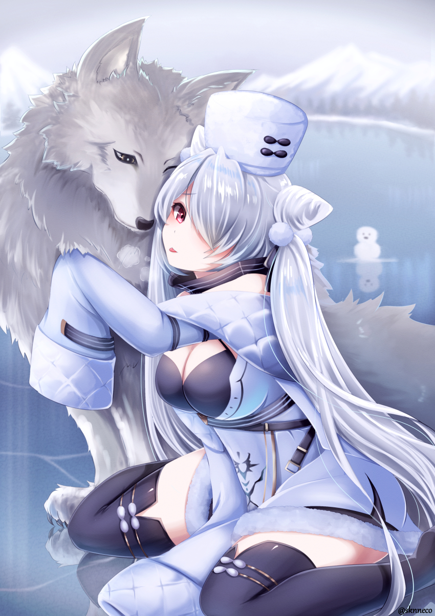 1girl absurdres azur_lane black_footwear boots breasts cleavage cone_hair_bun criss-cross_halter dress feet_out_of_frame from_side fur-trimmed_dress fur_trim grey_hair hair_bun hair_ornament halterneck highres ice kiev_(azur_lane) long_hair looking_at_viewer medium_breasts monneko outdoors pom_pom_(clothes) pom_pom_hair_ornament red_eyes snowman solo thigh_boots thighhighs twintails very_long_hair very_long_sleeves wolf zettai_ryouiki