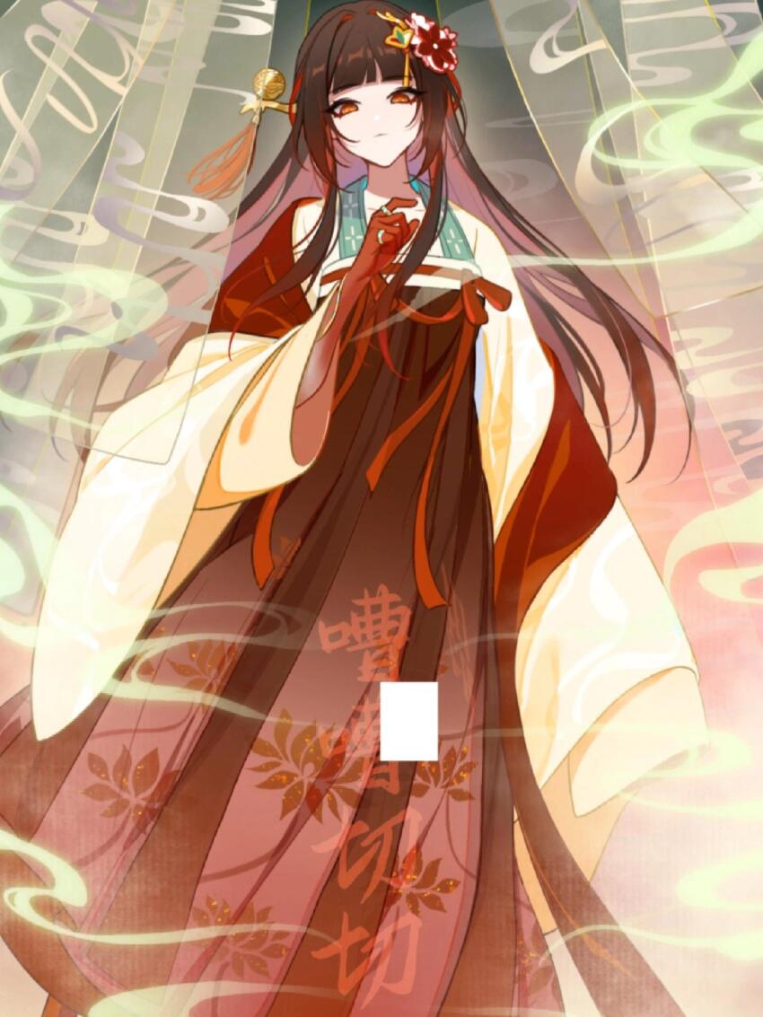 1girl absurdres alternate_costume bad_link black_hair blunt_bangs brown_eyes brown_hair chinese_clothes hair_ornament hanfu highres honkai:_star_rail honkai_(series) lingsha_(honkai:_star_rail) long_hair long_sleeves looking_at_viewer qixiong_ruqun ruqun smile smoke solo standing wide_sleeves