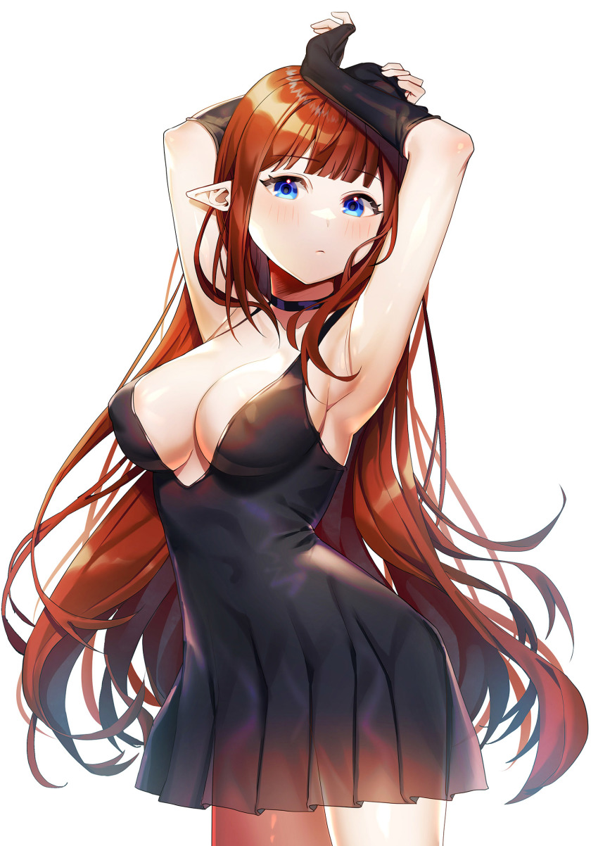 1girl armpits arms_up black_choker black_dress black_gloves blue_eyes blunt_bangs blush breasts choker cleavage covered_erect_nipples cowboy_shot dress dungeon_and_fighter fingerless_gloves frown gloves grey_background highres k2h large_breasts long_hair looking_at_viewer no_bra pleated_dress pointy_ears red_hair solo very_long_hair white_background