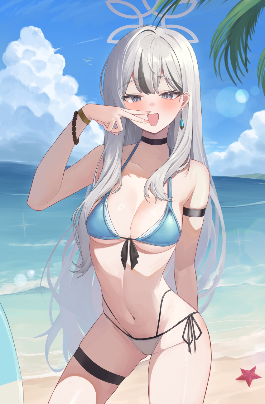 1girl absurdres alternate_costume andamiro armband bare_shoulders beach bead_bracelet beads bikini black_armband black_choker black_hair blue_archive blue_bikini blue_sky blush bracelet breasts choker cleavage cloud cloudy_sky commentary_request day grey_eyes grey_hair grey_halo halo halterneck highres horizon jewelry konoka_(blue_archive) korean_commentary large_breasts long_hair looking_at_viewer multicolored_hair navel ocean open_mouth outdoors palm_leaf side-tie_bikini_bottom sky smile solo starfish streaked_hair swimsuit two-tone_bikini v_over_mouth white_bikini