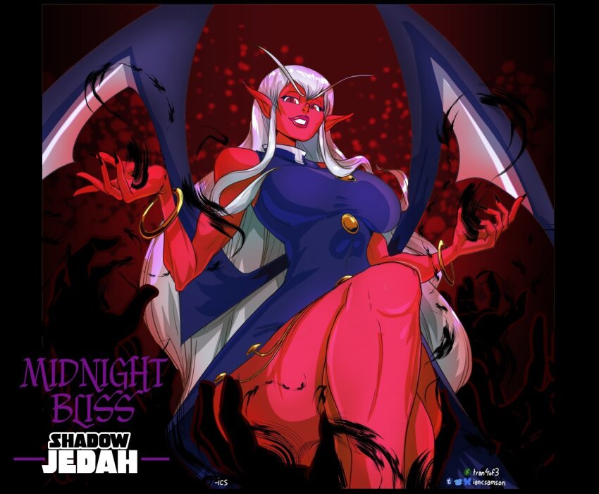 1girl alternate_color alternate_costume alternate_eye_color alternate_hair_color alternate_hair_length alternate_hairstyle arms_up aura bare_legs bare_shoulders black_hands black_nails blonde_hair bracelet breasts canon_genderswap capcom colored_extremities colored_skin commentary corruption dark_persona darkstalkers dress english_commentary english_text genderswap genderswap_(mtf) hand_on_another&#039;s_ass hands_up ian_samson jedah_dohma jewelry knee_up legs lipstick long_eyebrows long_hair looking_at_viewer makeup midnight_bliss nail_polish official_alternate_hair_length official_alternate_hairstyle pointy_ears possessed possession purple_dress red_eyes red_lips red_skin shadow_(darkstalkers) sitting thick_thighs thighs white_hair wings