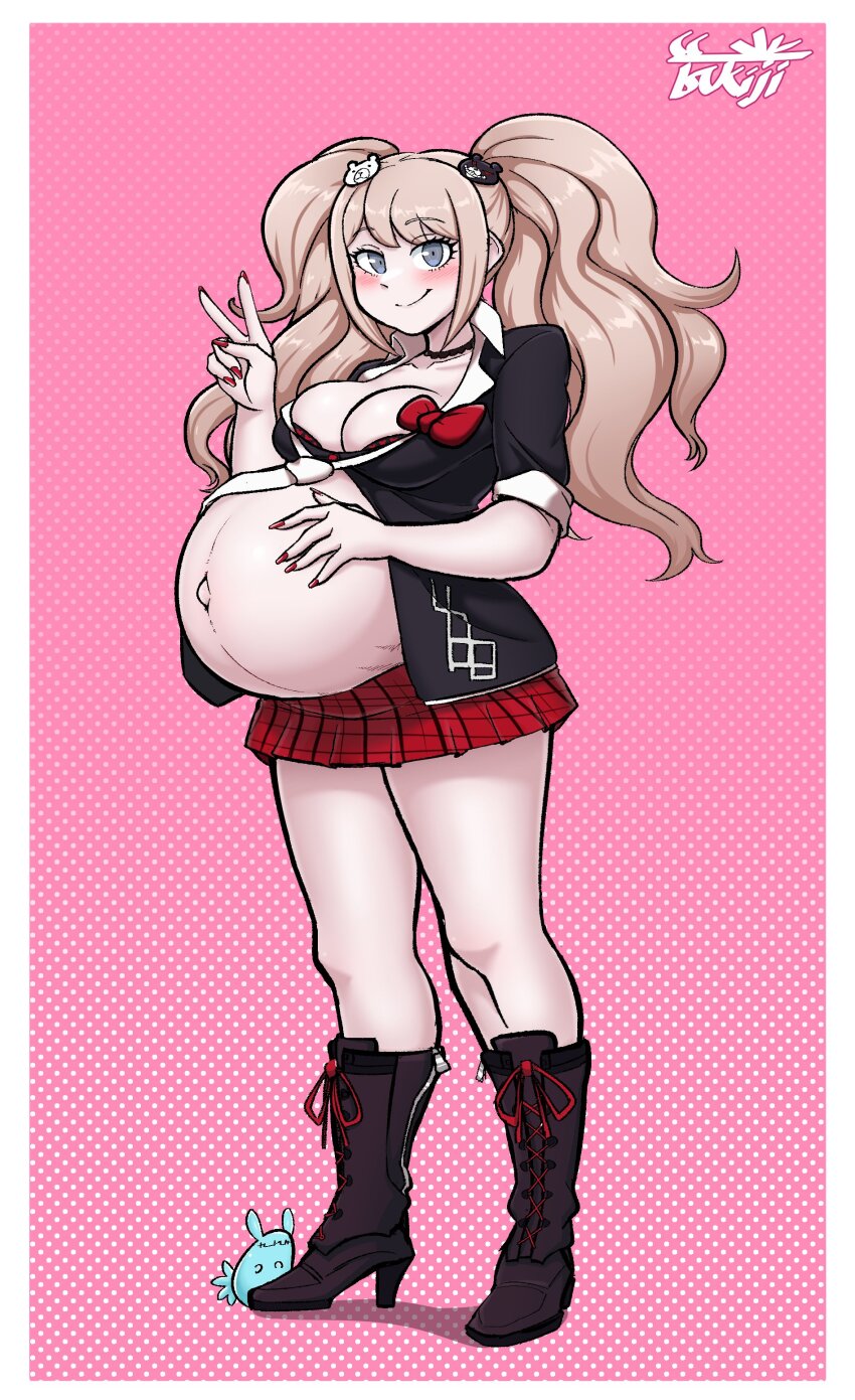 absurdres artist_logo artist_name belly big_belly boots closed_mouth danganronpa_(series) enoshima_junko fingernails hand_on_own_stomach high_heel_boots high_heels highres logo navel outie_navel pregnant raised_eyebrows red_nails smile tsukijitums