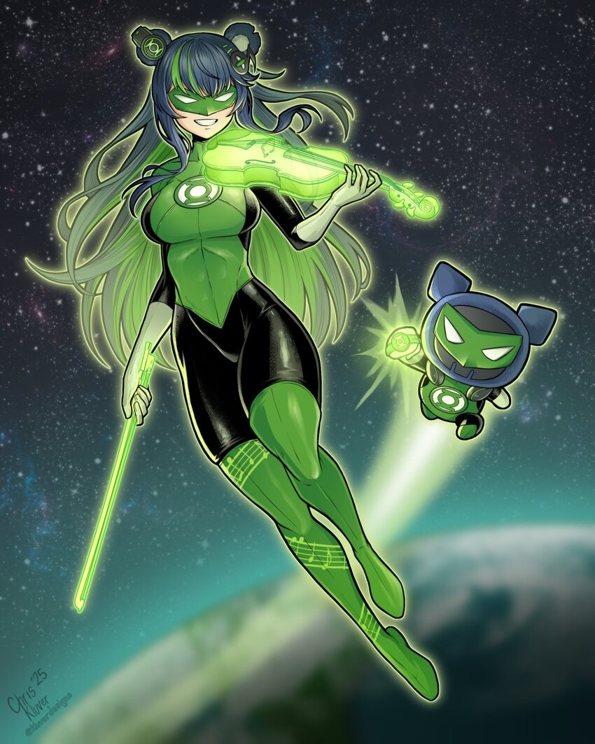 1girl black_hair bodysuit bow_(music) breasts commentary cosplay dc_comics domino_mask english_commentary fujikura_uruka full_body green_hair green_lantern green_lantern_(cosplay) green_lantern_(series) green_lantern_corps grin hair_ornament highres holding holding_bow_(music) holding_instrument holding_violin instrument jewelry kluverdesigns kuma_(fujikura_uruka) large_breasts mask multicolored_hair phase_connect planet ring signature smile space streaked_hair superhero_costume twitter_username two-tone_hair violin virtual_youtuber