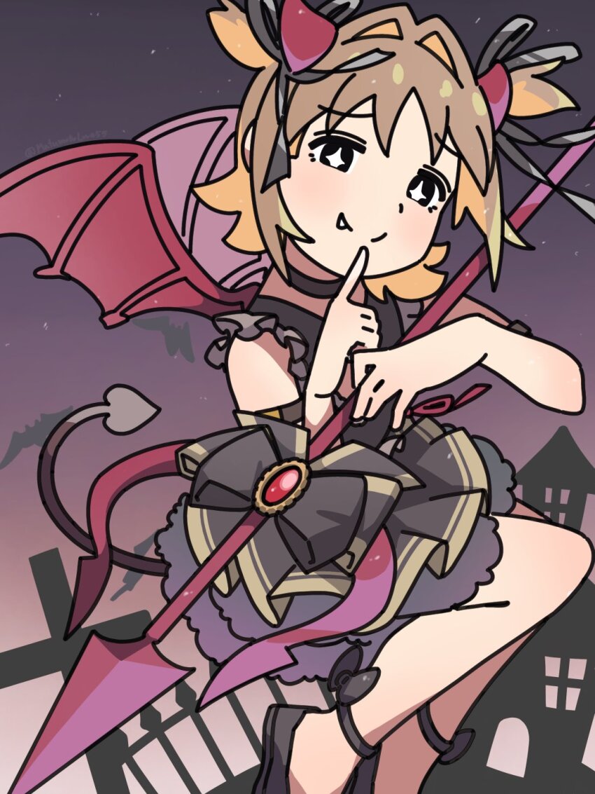 +_+ 1girl ankle_bow ankle_ribbon bare_legs black_bow black_choker black_eyes black_footwear black_ribbon black_skirt bow brown_hair choker colored_inner_hair commentary demon_costume demon_tail demon_wings fang fang_out finger_to_mouth hair_intakes hair_ribbon highres horns kasutaado_(matumotolove55) looking_at_viewer multicolored_hair official_alternate_costume oka_asahi onii-chan_wa_oshimai! orange_hair petticoat polearm red_horns ribbon shoes short_hair skirt smile solo split_mouth tail trident two_side_up weapon wings