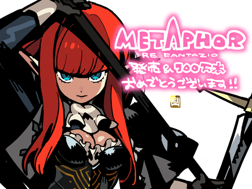 1girl arm_up armor ascot black_armor black_gloves black_jacket blue_eyes blunt_bangs boobplate breastplate breasts cleavage copyright_name expressionless eyelashes gloves hime_cut himukai_yuuji holding holding_polearm holding_weapon hulkenberg_(metaphor:_refantazio) jacket long_hair long_pointy_ears long_sleeves looking_at_viewer metaphor:_refantazio official_art pointy_ears polearm red_hair simple_background solo sword translation_request weapon white_ascot white_background