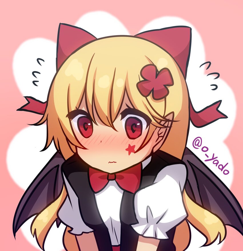 1girl bat_wings black_vest black_wings blonde_hair blush bow bowtie collared_shirt commentary_request elis_(touhou) embarrassed facial_mark flower hair_bow hair_flower hair_ornament highres long_hair nose_blush open_clothes open_vest pointy_ears puffy_short_sleeves puffy_sleeves red_bow red_bowtie red_eyes red_skirt shirt short_sleeves skirt solo touhou touhou_(pc-98) upper_body very_long_hair vest white_shirt wings yadoyuki