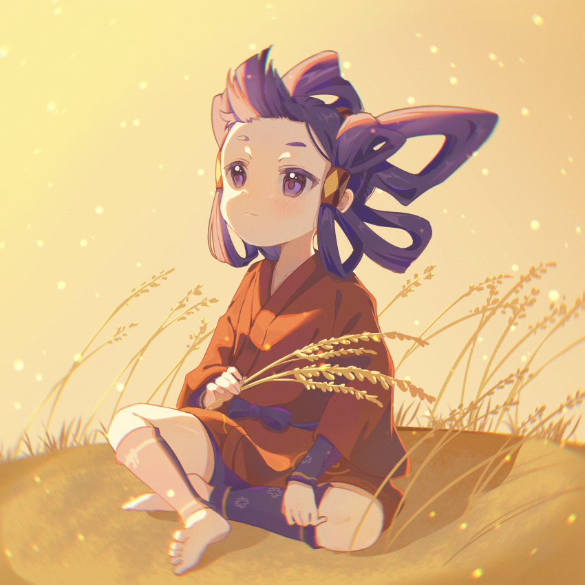 1girl absurdres barefoot black_hair full_body highres japanese_clothes kimono looking_to_the_side outdoors purple_eyes red_kimono rice_(plant) sakuna-hime solo sunlight tensui_no_sakuna-hime twilight vita_(mitac)