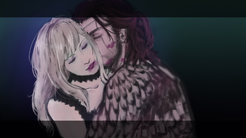 1boy 1girl aranea_highwind closed_eyes final_fantasy final_fantasy_xv gladiolus_amicitia hetero image_sample kiss lipstick_mark makeup tattoo tumblr_sample voaleine