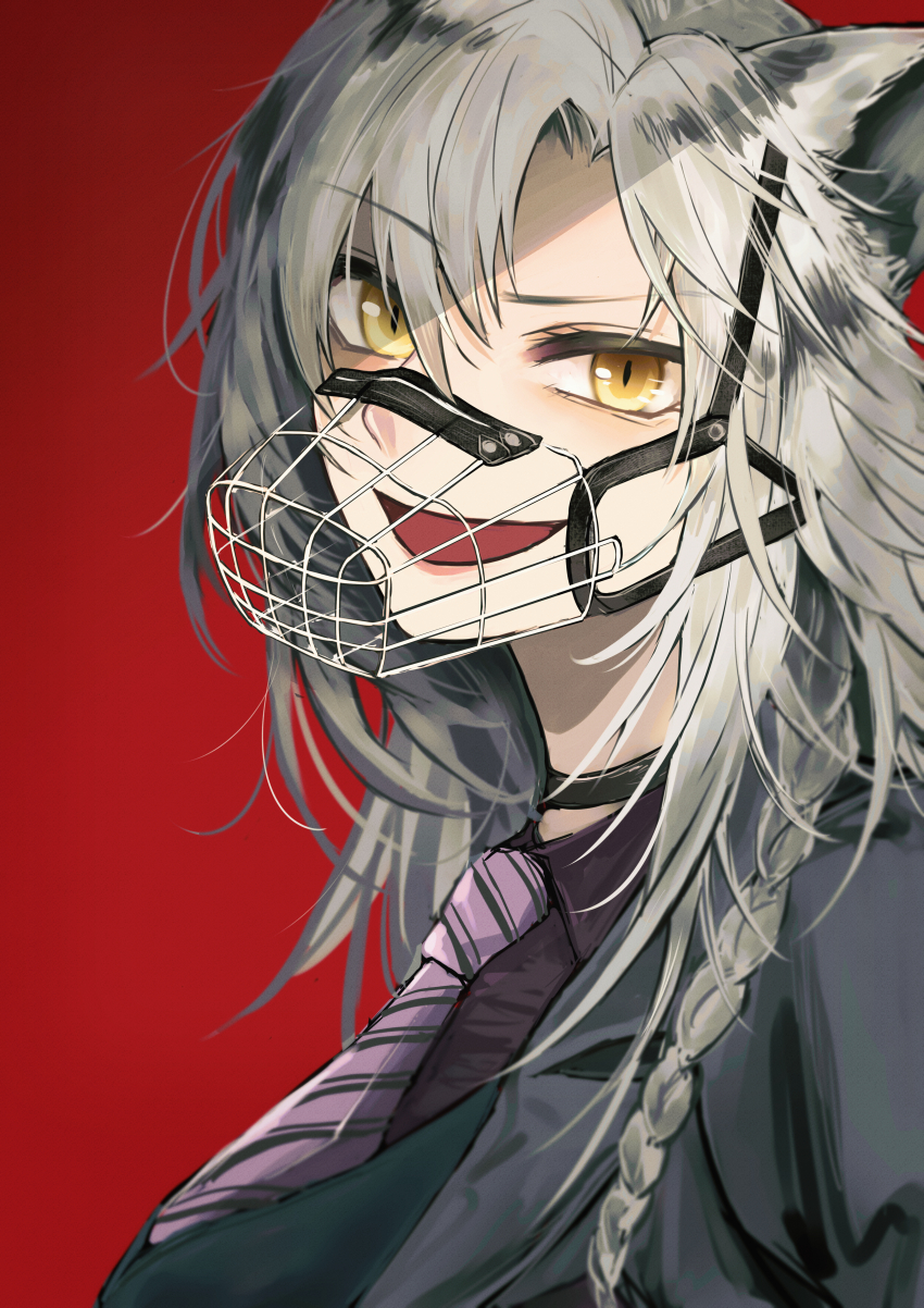 1girl absurdres animal_ears arknights black_jacket grey_hair hair_between_eyes highres indra_(arknights) indra_(valiant_general)_(arknights) jacket jiru_(6pp_ab) long_hair looking_at_viewer multicolored_hair necktie scar scar_on_face shirt simple_background smile solo tiger_ears white_hair yellow_eyes