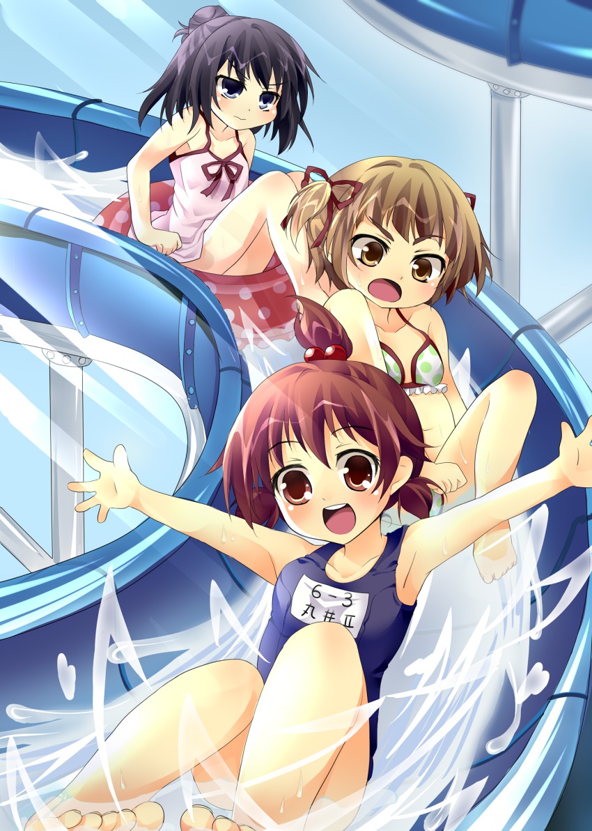 3girls bad_id bad_pixiv_id bikini black_hair brown_eyes brown_hair hair_bun highres kamikamishou marui_futaba marui_hitoha marui_mitsuba mitsudomoe_(manga) multiple_girls school_swimsuit short_hair single_hair_bun slide sliding swimsuit triplets water water_slide