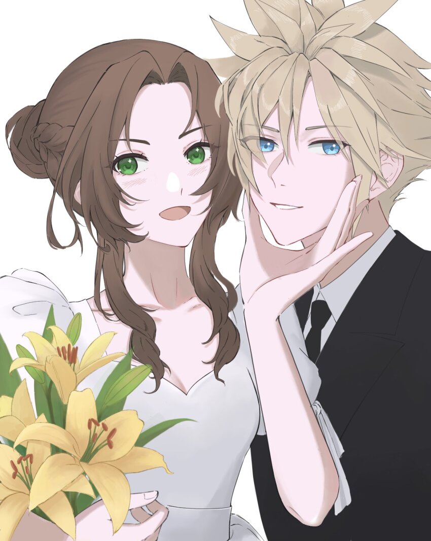 1boy 1girl aerith_gainsborough black_necktie black_suit blonde_hair blue_eyes blush bouquet breasts brown_hair cleavage cloud_strife collared_shirt couple dress final_fantasy final_fantasy_vii flower formal_clothes green_eyes hair_between_eyes hair_bun hand_on_another&#039;s_chin hetero highres holding holding_bouquet jacket lily_(flower) long_hair looking_at_viewer medium_breasts necktie open_mouth parted_bangs parted_lips puffy_short_sleeves puffy_sleeves shirt short_hair short_sleeves sidelocks smile spiked_hair suit suit_jacket ulshi09 upper_body white_background white_dress white_shirt yellow_flower