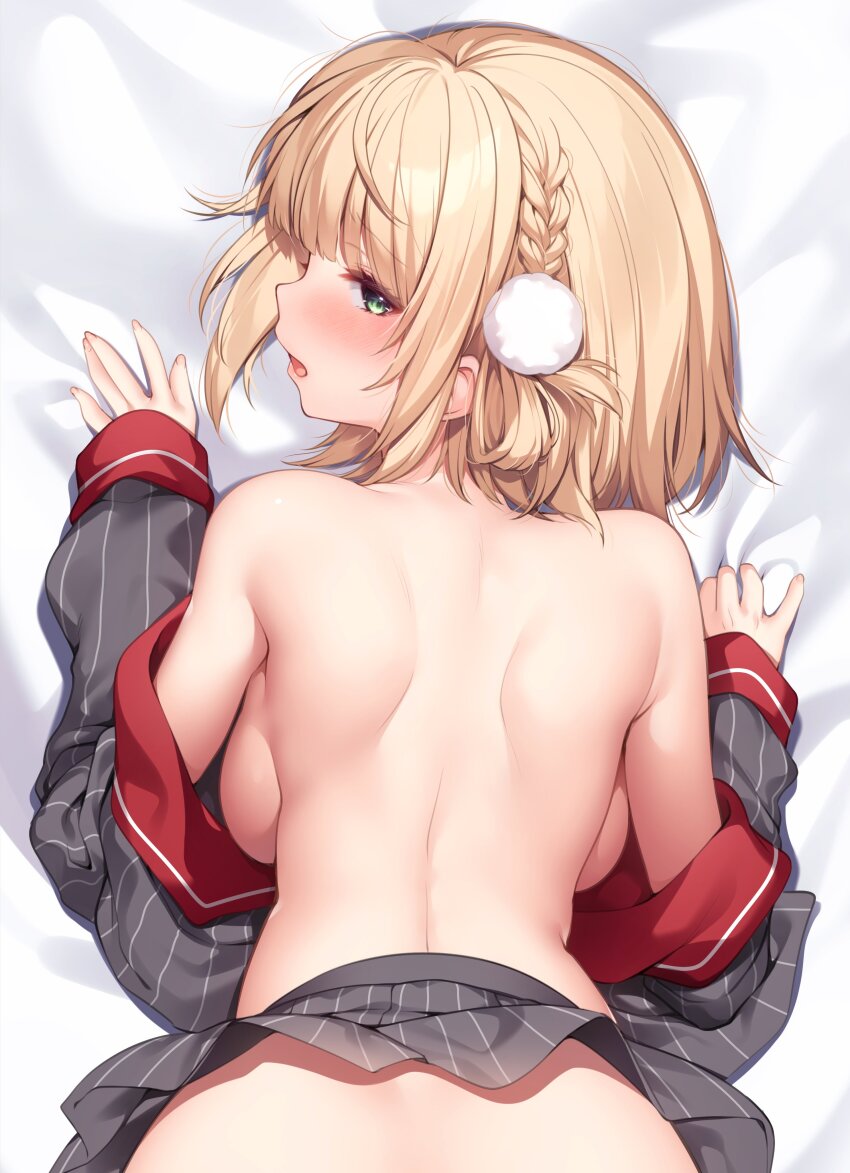 1girl absurdres backboob bare_back bed_sheet blonde_hair blunt_bangs blush braid breasts clothes_lift commentary_request dakimakura_(medium) embarrassed fujisaki_hikari green_eyes grey_jacket grey_skirt hair_ornament hair_rings highres indie_virtual_youtuber jacket long_sleeves looking_at_viewer lying median_furrow medium_breasts no_bra no_panties on_stomach open_mouth pinstripe_jacket pinstripe_pattern pinstripe_skirt pleated_skirt pom_pom_(clothes) pom_pom_hair_ornament school_uniform shigure_ui_(vtuber) shigure_ui_(vtuber)_(1st_costume) short_hair shoulder_blades side_braid skirt skirt_lift sleeve_cuffs solo virtual_youtuber