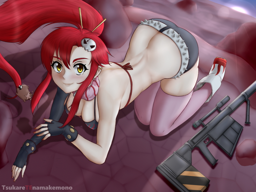 1girl absurdres all_fours anti-materiel_rifle ass asymmetrical_gloves belt bikini bikini_top_only black_gloves black_shorts boota_(ttgl) boots breasts butt_crack cleavage closed_mouth desert ear_piercing earrings elbow_gloves fingerless_gloves flame_print floating_hair full_body gloves gun hair_ornament high_ponytail highres jewelry large_breasts long_hair looking_at_viewer mixed-language_commentary outdoors piercing pink_thighhighs ponytail red_hair red_nails rifle sand scarf short_shorts shorts sidelocks single_elbow_glove skull_hair_ornament smile sniper_rifle spiked_belt sunset swimsuit tengen_toppa_gurren_lagann thighhighs tsukare_(ttsukae) uneven_gloves very_long_hair weapon white_belt yellow_eyes yoko_littner