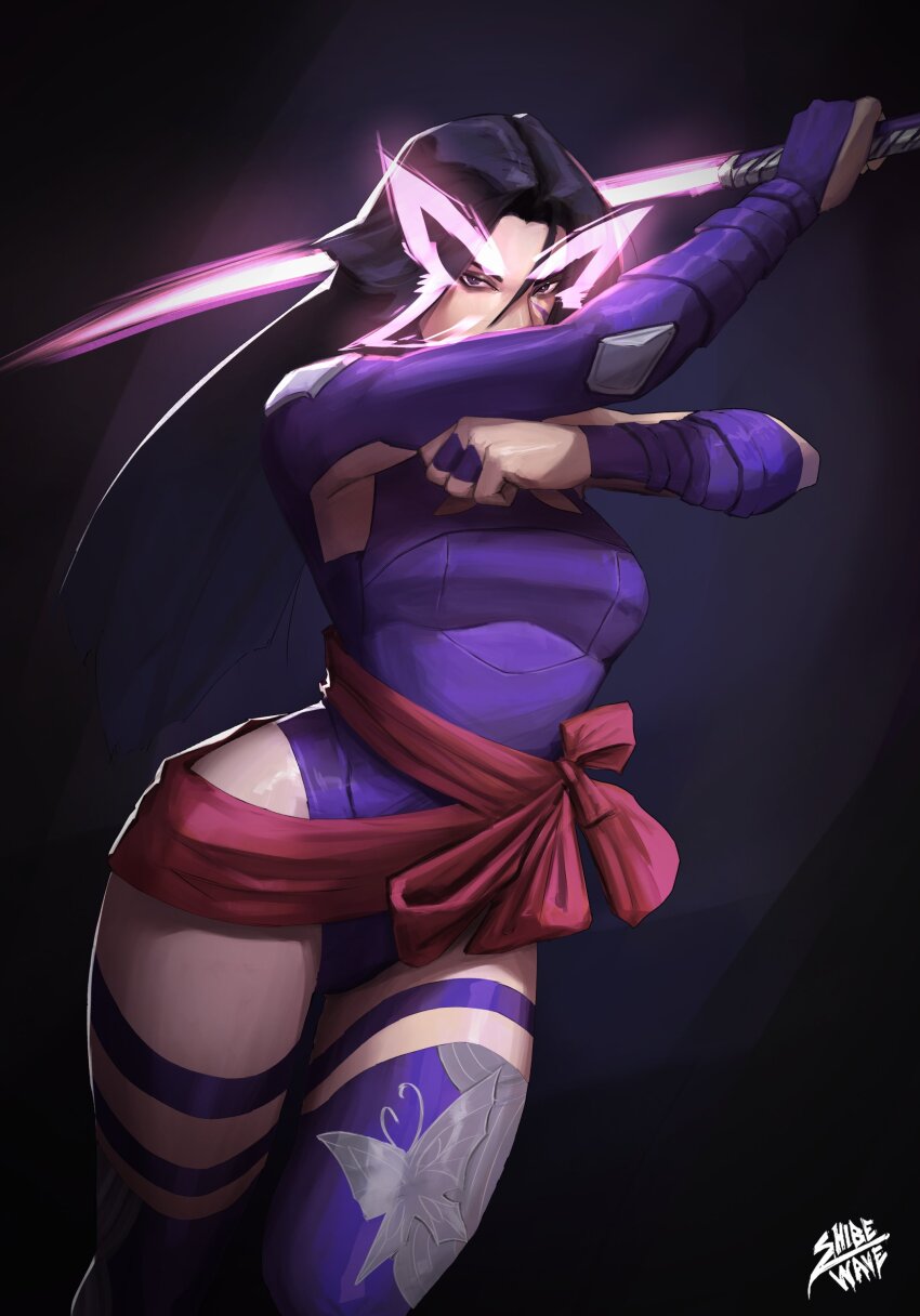 1girl absurdres arms_up artist_name black_background black_hair boots breasts butterfly_ornament clenched_hand covering_own_mouth cowboy_shot facial_mark glowing glowing_weapon highres holding holding_sword holding_weapon katana leotard long_hair looking_at_viewer marvel marvel_rivals medium_breasts psylocke purple_eyes purple_footwear purple_leotard red_sash sash shibewave simple_background solo standing sword thigh_boots waist_sash weapon