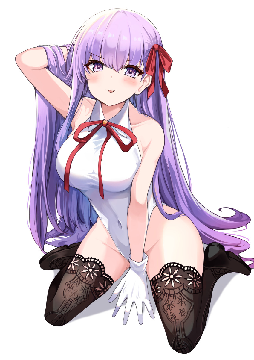 1girl absurdres bare_shoulders bb_(fate) bb_(fate/extra) black_thighhighs blush breasts collared_leotard covered_navel fate/grand_order fate_(series) gloves hair_ribbon highres large_breasts leotard long_hair looking_at_viewer neck_ribbon purple_eyes purple_hair red_ribbon ribbon shibakame sitting smile solo thighhighs tongue tongue_out very_long_hair wariza white_gloves white_leotard