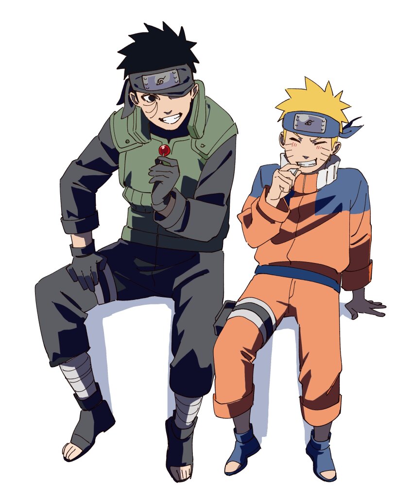 2boys absurdres black_footwear black_gloves black_hair black_pants blonde_hair blue_footwear blue_jacket boots candy flak_jacket food forehead_protector gloves grin highres holding holding_candy holding_food holding_lollipop jacket konohagakure_symbol lollipop male_focus multicolored_clothes multicolored_jacket multiple_boys naruto naruto_(series) one_eye_covered orange_jacket orange_pants pants pnpk_1013 short_hair simple_background sitting smile spiked_hair teeth toeless_footwear two-tone_jacket uchiha_obito uzumaki_naruto white_background