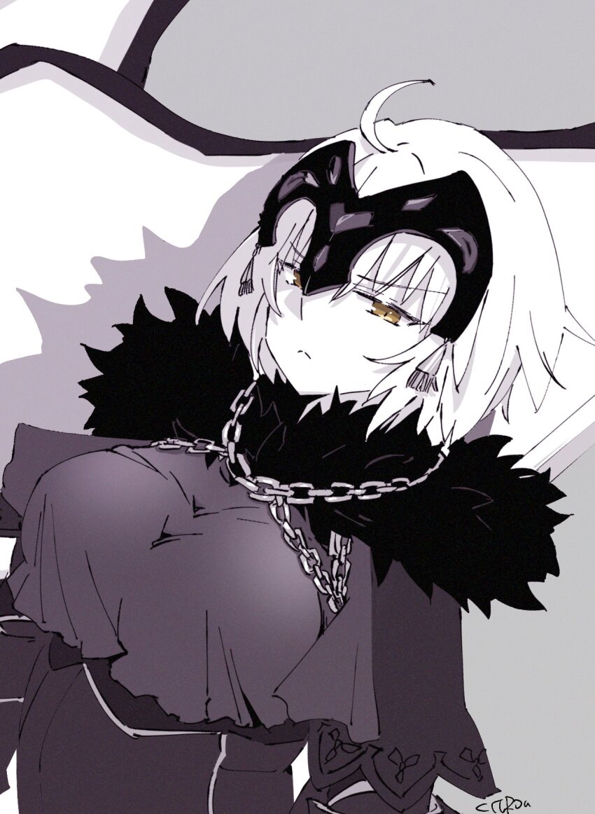 1girl ahoge artist_name breasts capelet chain citron80citron closed_mouth commentary drop_shadow dutch_angle fate/grand_order fate_(series) forehead_protector frown fur-trimmed_capelet fur_trim highres jeanne_d&#039;arc_alter_(avenger)_(fate) jeanne_d&#039;arc_alter_(fate) large_breasts looking_at_viewer short_hair solo spot_color yellow_eyes