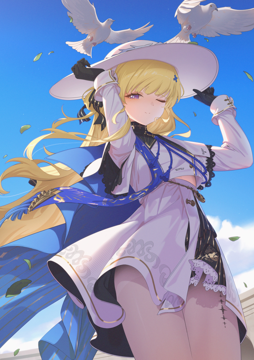 1girl bird black_bow black_collar black_gloves blonde_hair blue_sky bow breasts closed_mouth collar commentary cowboy_shot day dress falling_leaves gloves hair_bow hair_ornament hat highres leaf long_hair long_sleeves looking_at_viewer meda one_eye_closed outdoors pantyhose phoebe_(wuthering_waves) purple_eyes sky small_breasts smile solo striped_bow tacet_mark_(wuthering_waves) white_bird white_dress white_hat white_pantyhose wind wuthering_waves x_hair_ornament