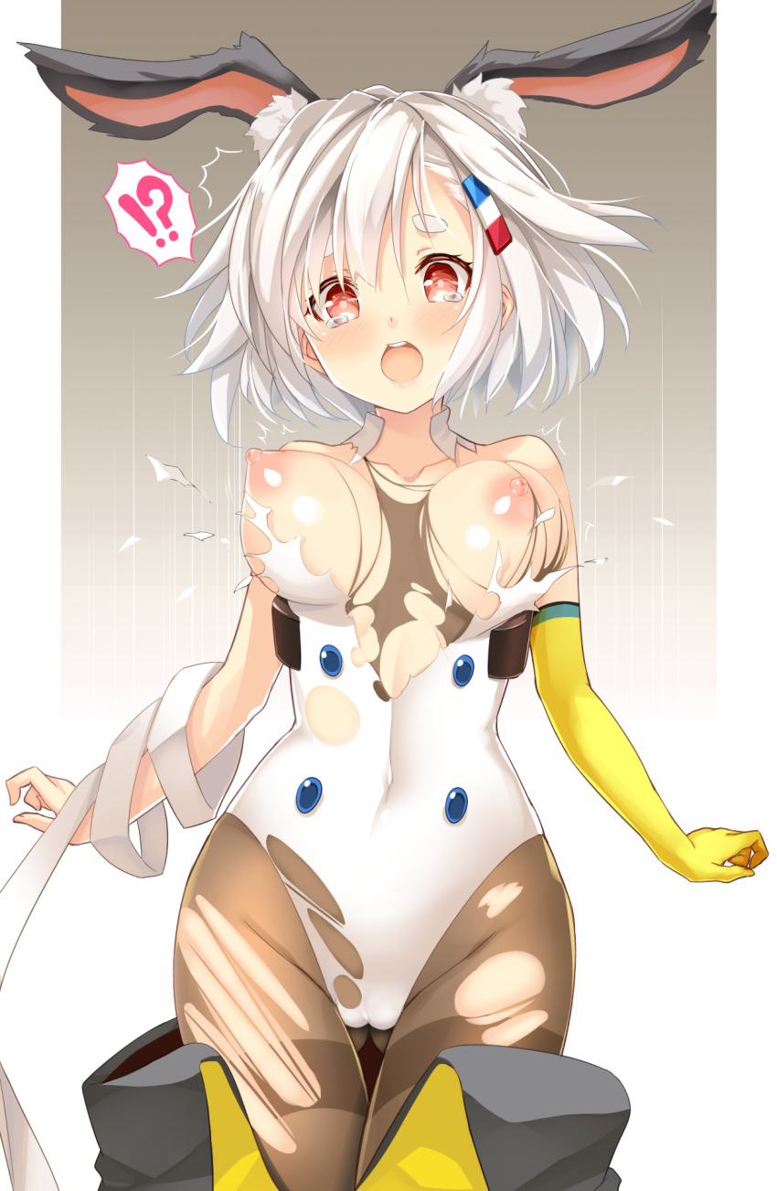 !? 1girl ^^^ animal_ear_fluff animal_ears bandages bare_shoulders blue_oath bouncing_breasts breasts breasts_out bright_pupils brown_pantyhose cameltoe character_request collarbone covered_navel cowboy_shot elbow_gloves embarrassed gloves gluteal_fold gradient_background grey_background hair_ornament hairclip highres large_breasts leotard looking_down nipples pantyhose rabbit_ears rabbit_girl red_eyes short_sleeves silhouette single_elbow_glove single_glove skindentation solo speech_bubble spoken_interrobang surprised tearing_up tears thick_eyebrows thigh_gap thighband_pantyhose torn_clothes torn_leotard torn_pantyhose white_leotard yellow_gloves yukizuki_chikuba