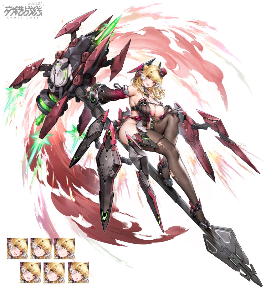 1girl absurdres bare_shoulders black_gloves black_thighhighs blonde_hair breasts character_name character_request cleavage commentary_request cone_hair_bun copyright_name covered_navel crosscore detached_sleeves expressions fang full_body gloves hair_bun hair_intakes hammer hat headgear highres holding holding_hammer holding_weapon large_breasts looking_at_viewer mecha_musume medium_hair mini_hat mole mole_on_breast multicolored_hair official_art open_mouth plump red_hat science_fiction simple_background skin_fang smile streaked_hair surfing_orange thick_thighs thighhighs thighs torn_clothes torn_thighhighs two-tone_gloves v weapon white_background white_gloves white_hair yellow_eyes