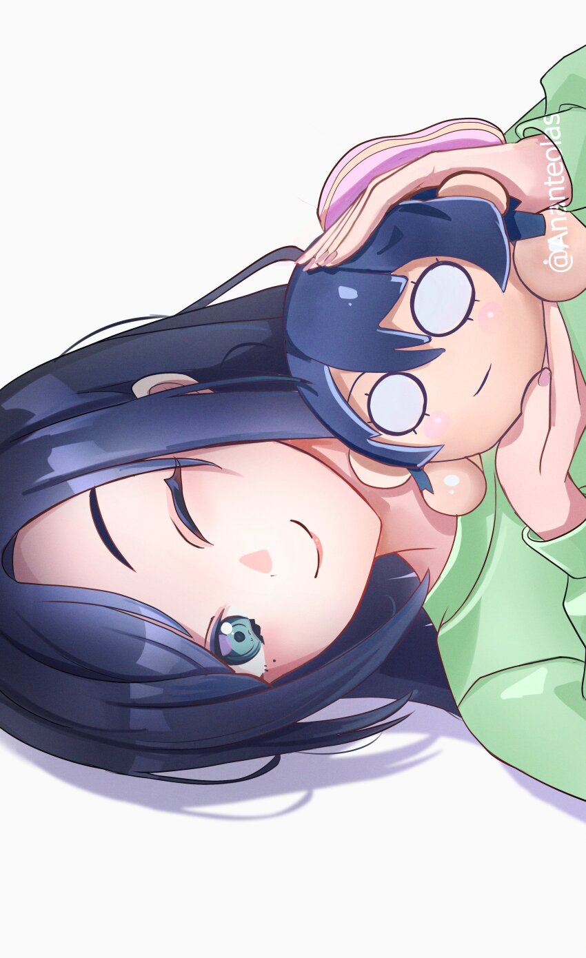 1girl ;) absurdres ananteolas blue_hair character_doll closed_mouth commentary_request dark_blue_hair doll drop_shadow green_shirt highres holding holding_doll link!_like!_love_live! long_hair long_sleeves looking_at_viewer love_live! mole mole_under_eye murano_sayaka murano_tsukasa nesoberi one_eye_closed portrait shirt sideways simple_background smile solo split_mouth twitter_username white_background wide_oval_eyes