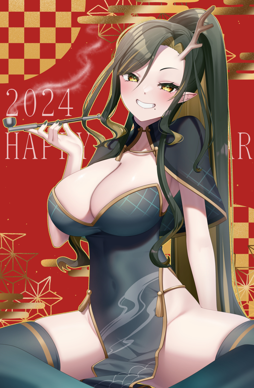 2024 absurdres asymmetrical_bangs bare_hips breasts chinese_zodiac cleavage cleavage_cutout clothing_cutout collarbone dragon dragon_girl dragon_horns eastern_dragon eastern_dragon_horns green_hair groin happy_new_year highres horns large_breasts long_hair mole mole_under_mouth new_year original pelvic_curtain pointy_ears ponytail seele0907 single_horn skindentation smoking_pipe thighhighs thighs tsurime very_long_hair year_of_the_dragon yellow_eyes