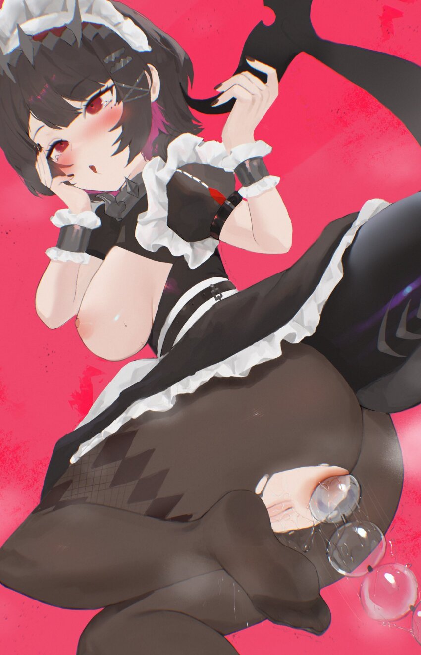 1girl anal anal_beads anal_object_insertion ass black_dress black_hair black_pantyhose bow breasts breasts_out dress ellen_joe feet fins fish_tail foot_out_of_frame highres large_breasts lost-phews maid maid_headdress no_shoes object_insertion open_mouth pantyhose pussy red_bow red_eyes sex_toy shark_tail short_hair short_sleeves simple_background solo tail torn_clothes torn_pantyhose zenless_zone_zero