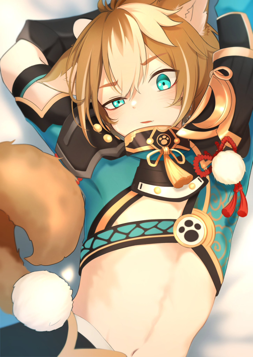 1boy animal_ears armpits blue_eyes blush crop_top dog_boy dog_ears dog_tail fang genshin_impact gloves gorou_(genshin_impact) highres male_focus midriff multicolored_hair navel orange_hair parted_lips short_hair short_sleeves solo tail tatsu_wan white_hair