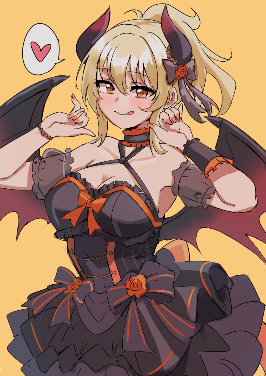 1girl :q black_dress blonde_hair blush bow breasts cleavage collarbone commentary_request cowboy_shot criss-cross_halter demon_girl demon_horns demon_wings dress ereka frilled_dress frills grey_bow hair_bow half-closed_eyes halterneck heart highres horns large_breasts looking_at_another love_live! love_live!_nijigasaki_high_school_idol_club medium_hair miyashita_ai official_alternate_costume orange_background orange_eyes ponytail sidelocks sleeveless sleeveless_dress solo speech_bubble spoken_heart tongue tongue_out wings