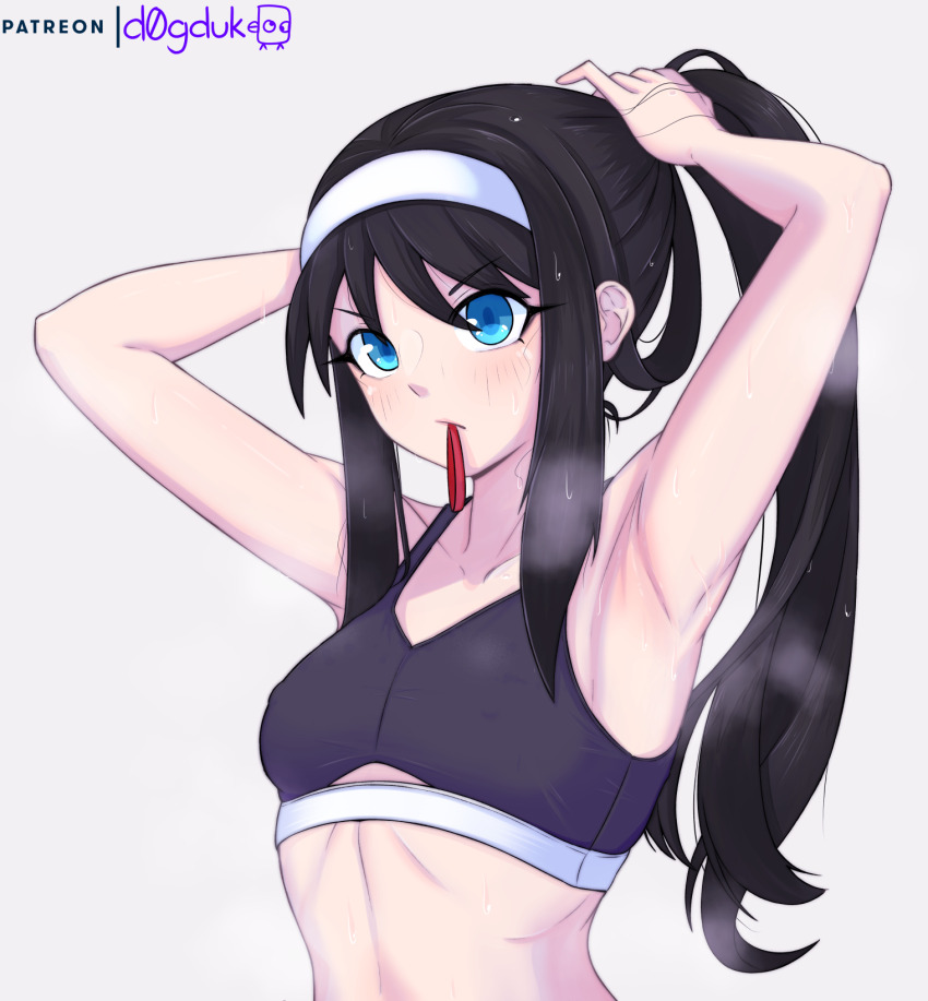 1girl armpits black_hair blue_eyes breasts covered_erect_nipples cropped_torso d0gduk hairband highres long_hair mouth_hold small_breasts sports_bra sweat tohno_akiha tsukihime tying_hair watermark white_background