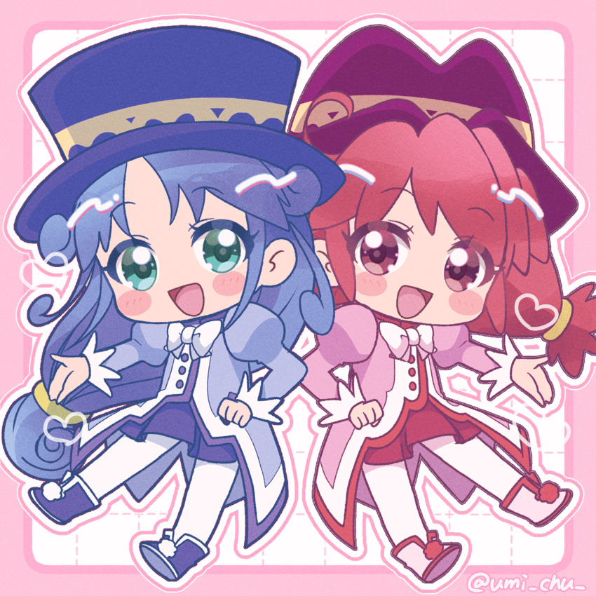 2girls ahoge blue_coat blue_footwear blue_hair blue_hat blue_skirt blush blush_stickers boots border bow bowtie buttons chibi clenched_hand coat commentary curly_hair fine_(futagohime) fushigiboshi_no_futago_hime green_eyes grid_background hand_on_own_hip hat heart highres long_hair long_sleeves looking_at_viewer low-tied_long_hair magical_girl matching_outfits multiple_girls no_nose open_mouth outstretched_arm overcoat pantyhose pink_border pleated_skirt pom_pom_(clothes) puffy_long_sleeves puffy_sleeves red_eyes red_hair red_hat red_skirt rein_(futagohime) siblings side-by-side sisters skirt smile top_hat twins twintails twitter_username umiyuki_(umi_chu) white_background white_bow white_bowtie white_footwear white_pantyhose