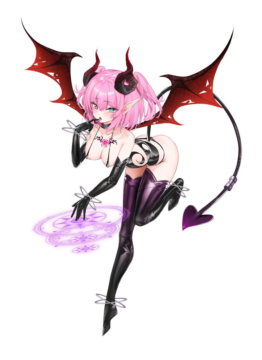 1girl absurdres akipopopopoon aqua_eyes areola_slip black_panties black_thighhighs blush breasts chest_tattoo cleavage demon_girl demon_horns demon_tail demon_wings elbow_gloves finger_to_mouth full_body gloves heterochromia highres horns large_breasts looking_at_viewer micro_bra open_mouth original panties pink_hair red_eyes revealing_clothes simple_background solo tail tail_ornament tattoo thighhighs tongue tongue_out underwear white_background wings